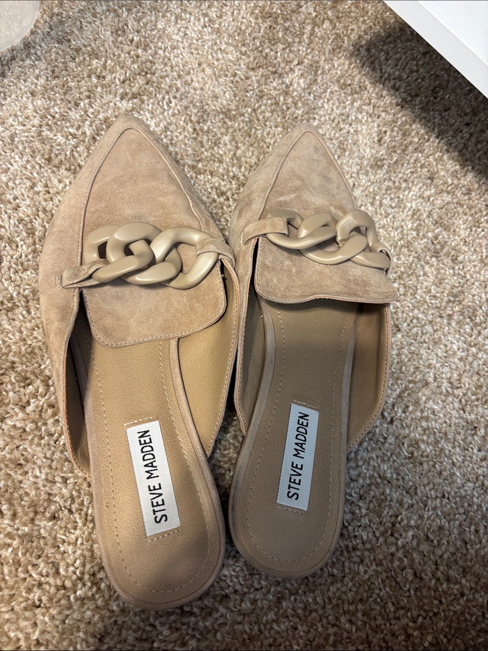 Steve Madden Taupe Suede Pointed-Toe Mules with Chain Accent